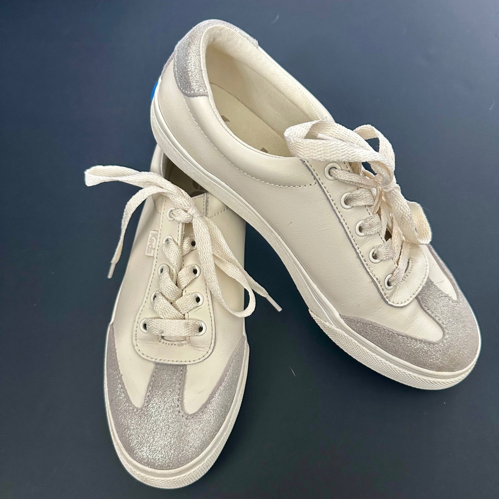 Keds Womens Jump Kick T Toe  Leather Sneakers Cream Silver Glitter‎ Size 8.5